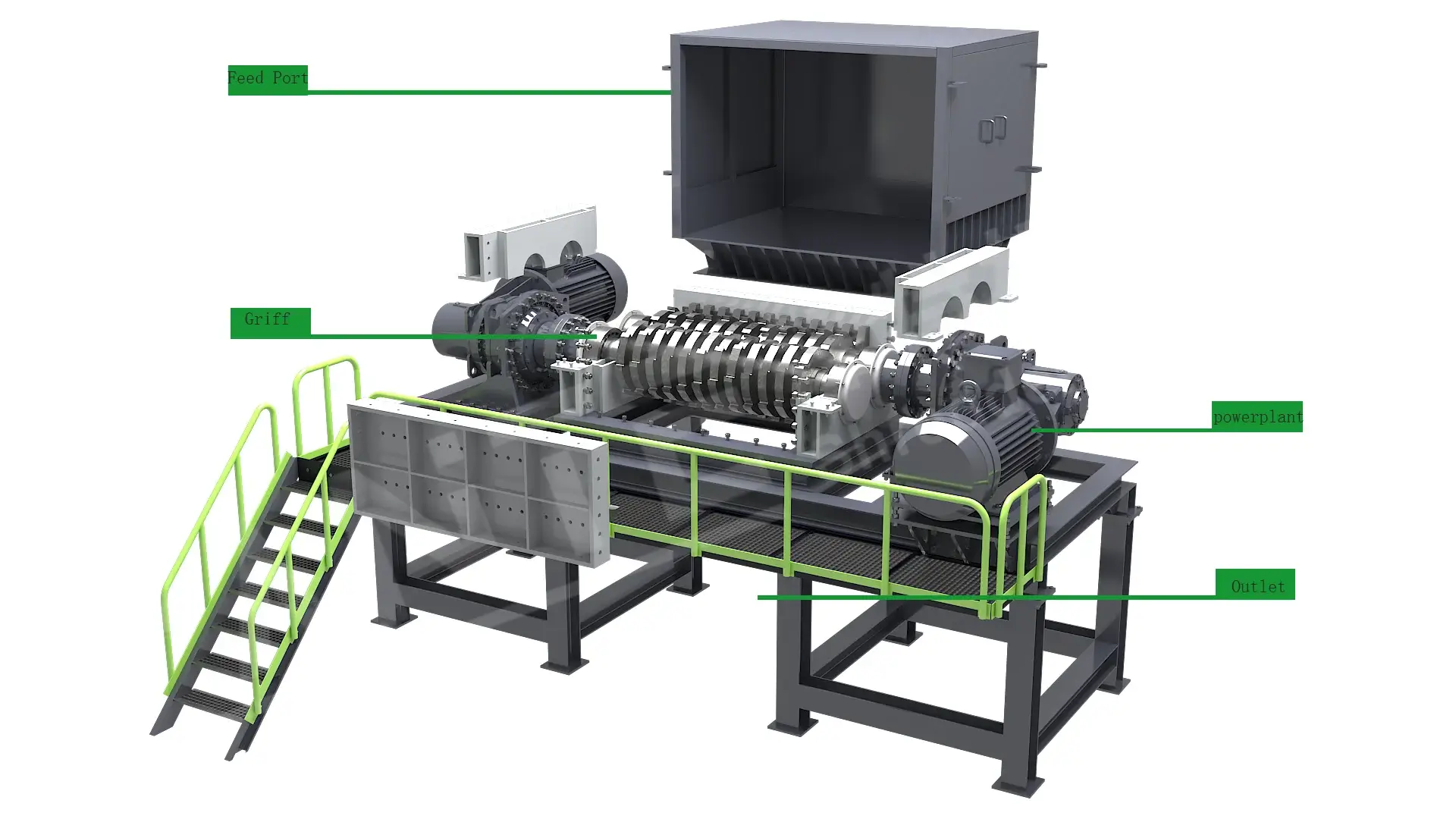 Detailed component diagram of double shaft shredder for shredding plastic, metal, tires, and wood