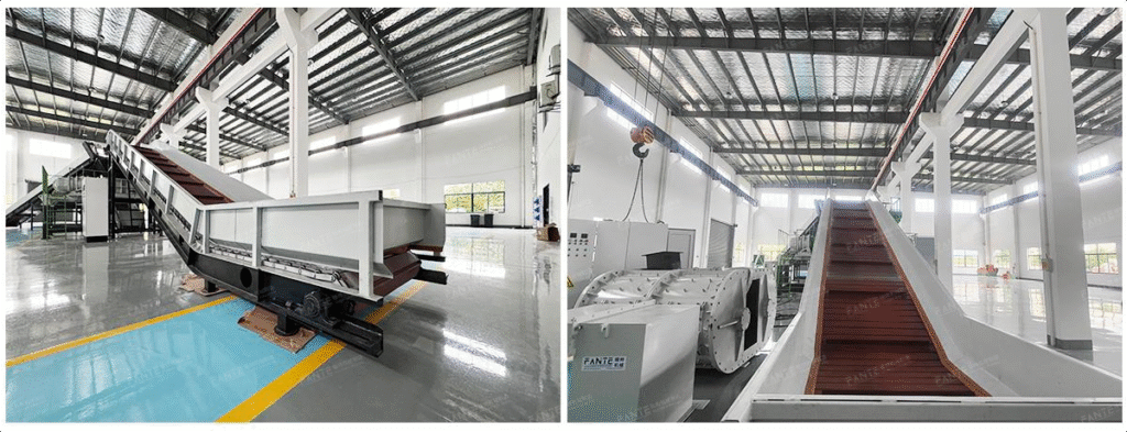 Chain conveyor move materials forward by a continuous chain driven by sprockets at both ends of the conveyor